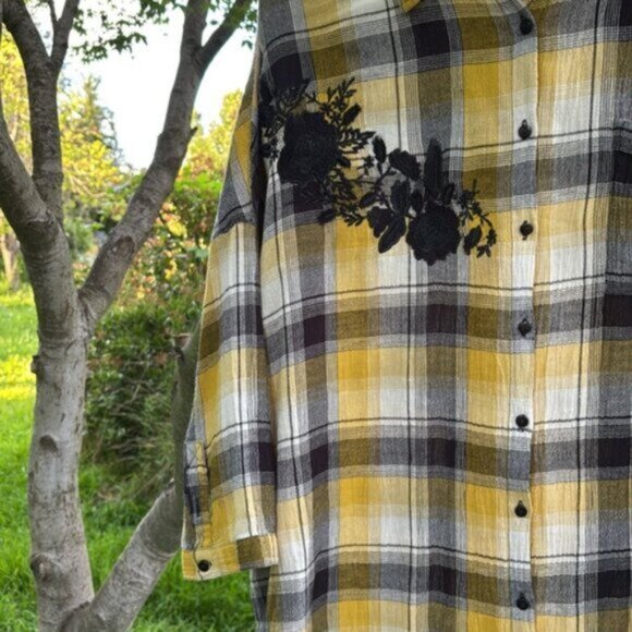 Anthropologie (XS/S) Maeve Checkered All Day Wear Yellow & Black Oversized Shirt - Picture 4 of 8